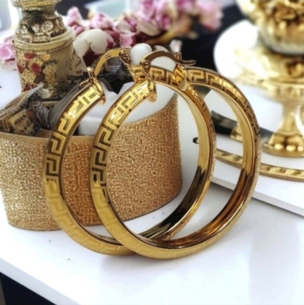 New 18k Gold Plated Luxury Greek Key 2" Hoop Earrings